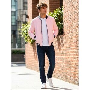 Denim & Flower Pink Bomber Varsity Jacket Ricky Singh Mens Size Med Collar Cuffs